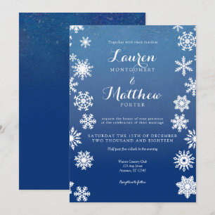 Winterschneeflocken-Hochzeit von Weiß und Navy Einladung