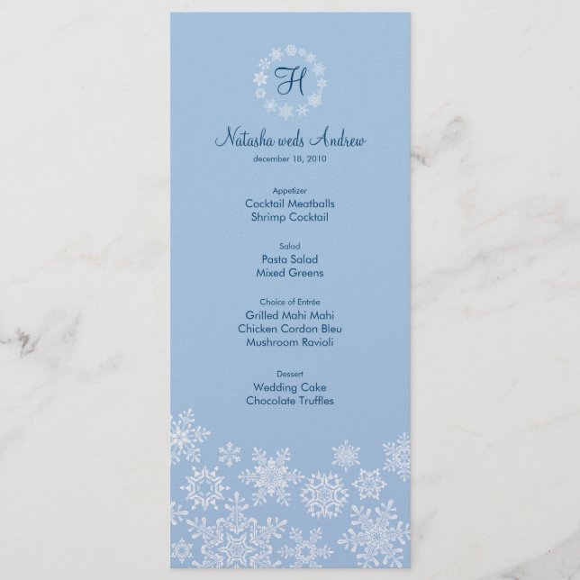 Winterschneeflocken Hochzeitkarte Menükarte (Vorderseite)