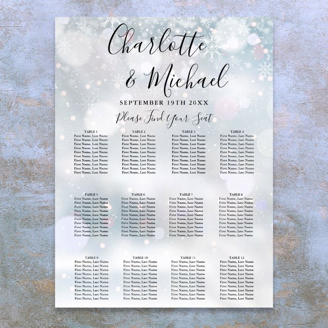 Winterschneeflocken Hochzeitsskalender Poster (Winter Snowflakes Wedding Seating Chart)