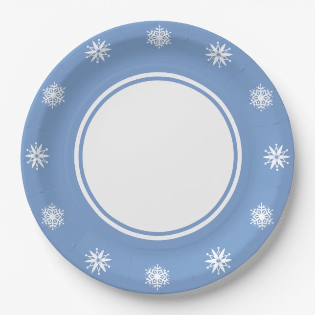 Winterschneeflocken in Periwinkle Papierplatte Pappteller (Vorderseite)