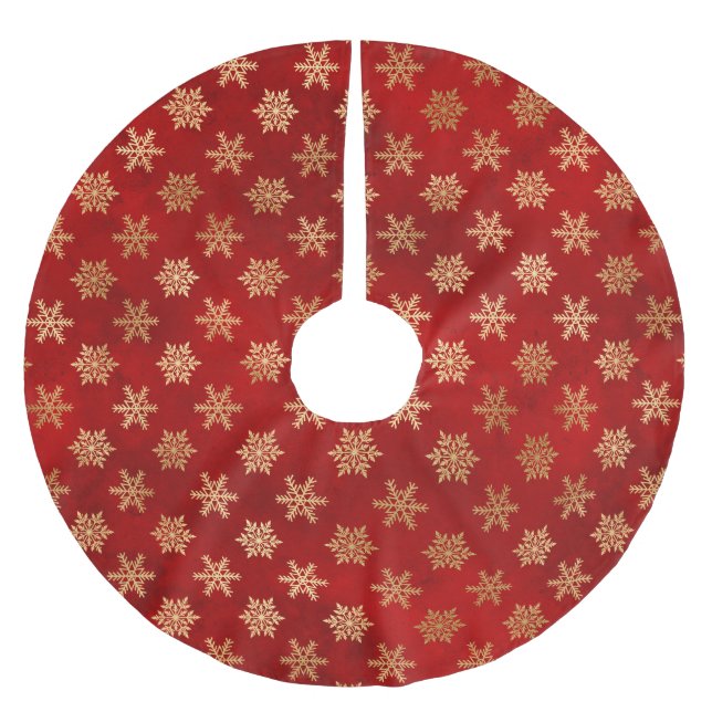 Winterschneeflocken in Rot und Gold Polyester Weihnachtsbaumdecke (Vorderseite)