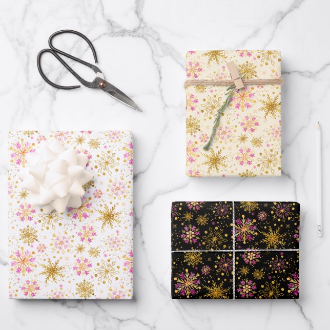 Winterschneeflocken-Muster in Rosa und Gold Geschenkpapier Set (Vorderseite)