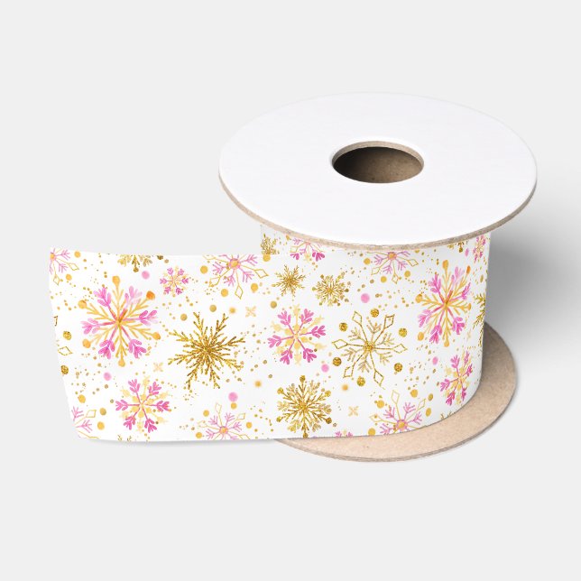 Winterschneeflocken-Muster in Rosa und Gold Satinband (Spule)