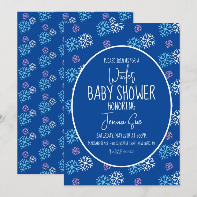 Winterschneeflocken Pink Blue Baby Dusche Einladung (Vorne/Hinten)