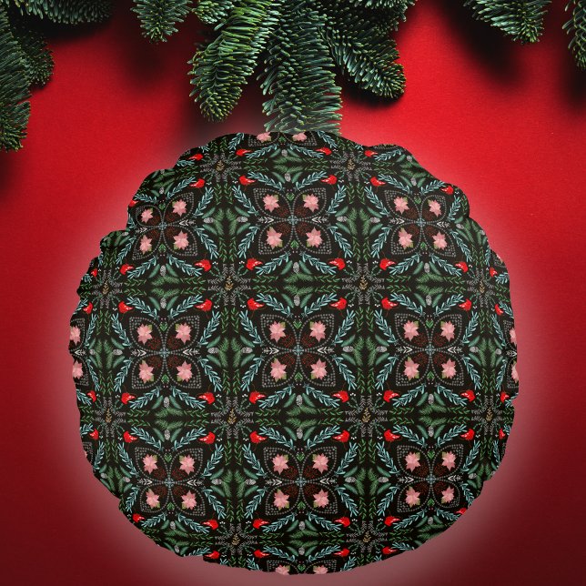 Winterschneeflocken, Poinsettias, Kardinal Rundes Kissen (Von Creator hochgeladen)