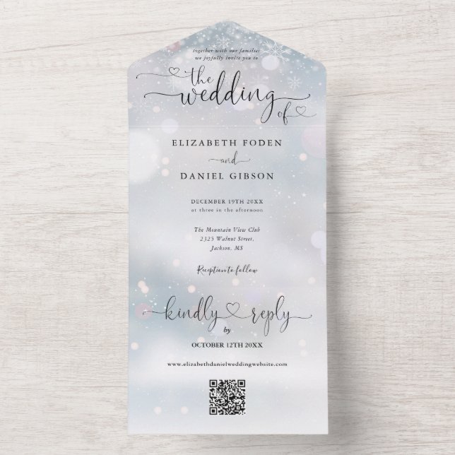 Winterschneeflocken QR Code Skriptherzen Hochzeit All In One Einladung (Innen Boden)