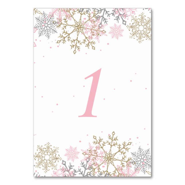 Winterschneeflocken Rosa und Gold Baby Dusche Tischnummer (Vorderseite)
