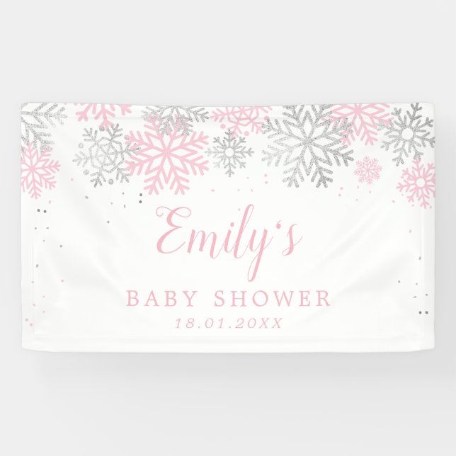 Winterschneeflocken Rosa und Silber Girl Babydusch Banner (Horizontal)