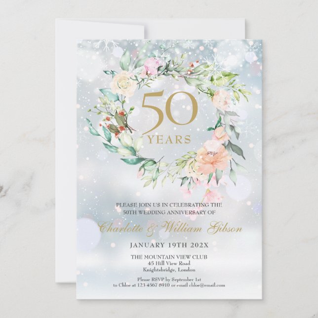 Winterschneeflocken Rose Garland 50 Jahre Jubiläum Einladung (Vorderseite)