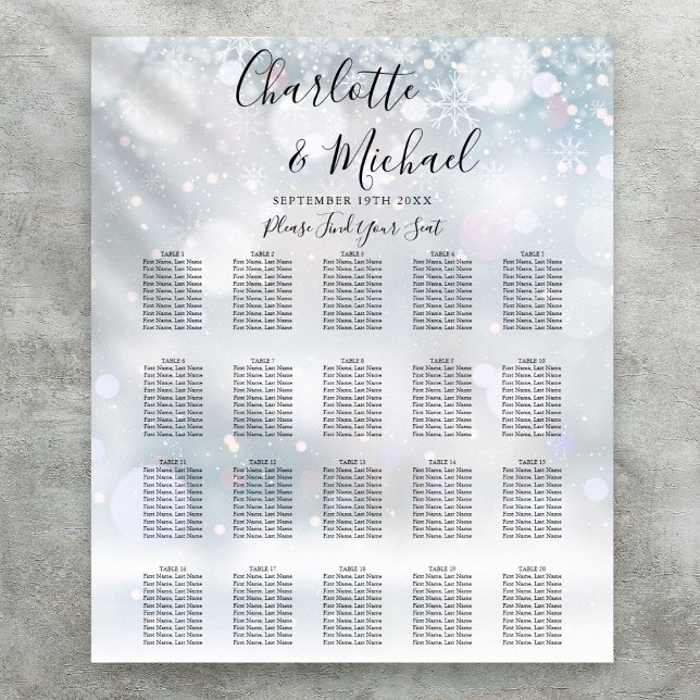 Winterschneeflocken-Skript Hochzeitsstichtabelle Poster (Winter Snowflakes Script Wedding Seating Chart)