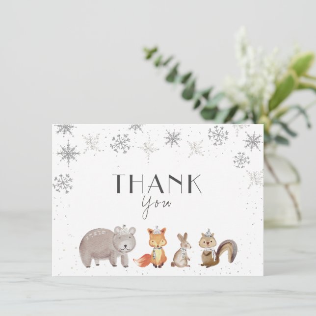 Winterschneeflocken, Tiere zum Geburtstag, Babydus Dankeskarte (Stehend Vorderseite)