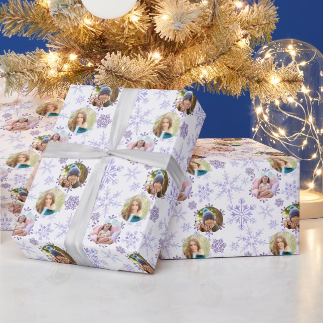 Winterschneeflocken und 3-Foto-Muster Lila Geschenkpapier (Feiertage)
