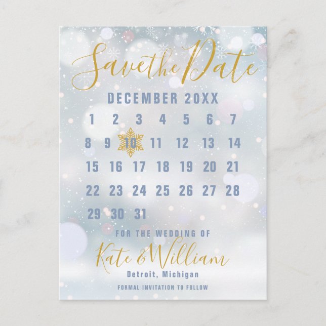 Winterschneeflockenkalender Save the Date Postkarte (Vorderseite)