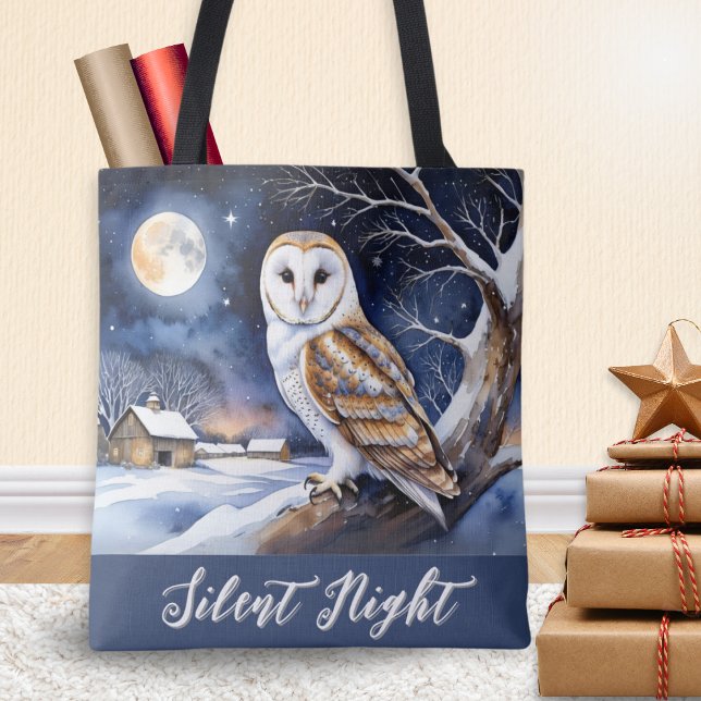 Winterschneegänke Tasche (A stylish tote bag with picture of a barn owl in a winter snow scene and words 'Silent Night')