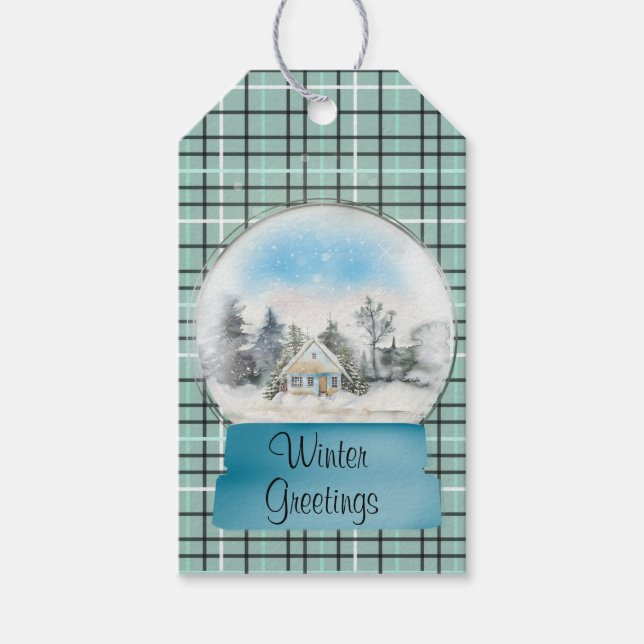 Winterschneeglobe auf Karierter Geschenkmarke Geschenkanhänger (Vorderseite)
