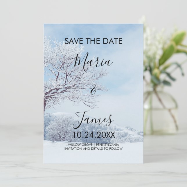 Winterschneehochzeit Save The Date (Stehend Vorderseite)