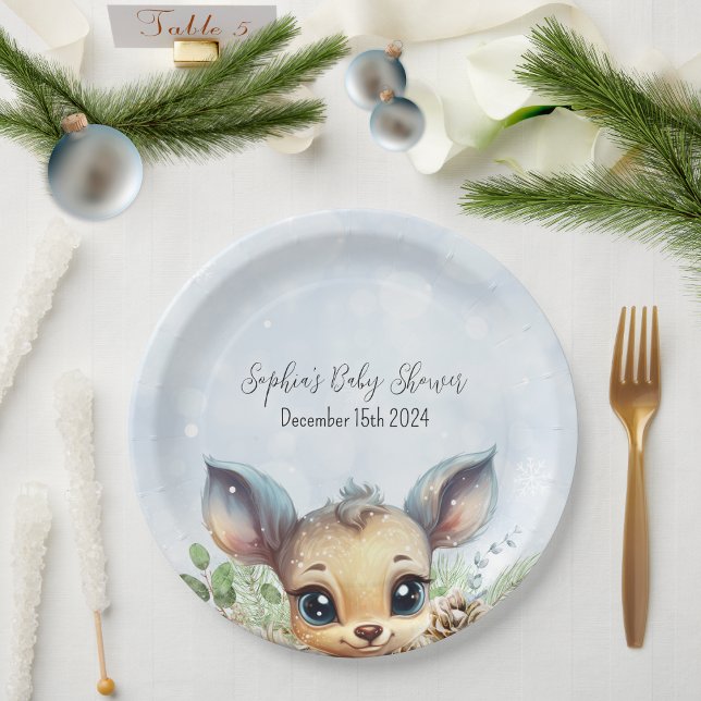 Winterschneekalte draußen Blue Baby Dusche Hirsch Pappteller (Cute Winter Baby Shower Paper Plate with Deer and Snow)