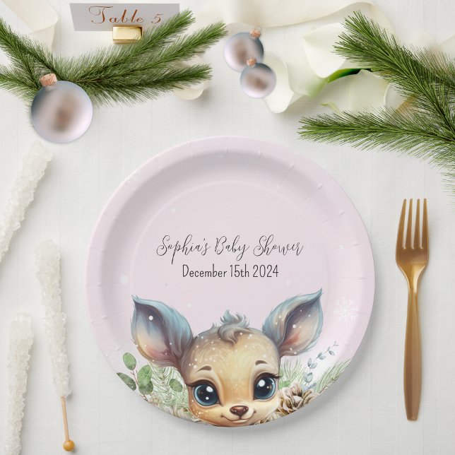 Winterschneekalte im Freien Rosa Babydusche Pappteller (Adorable Pink Winter Baby Shower Paper Plate with Cute Deer)