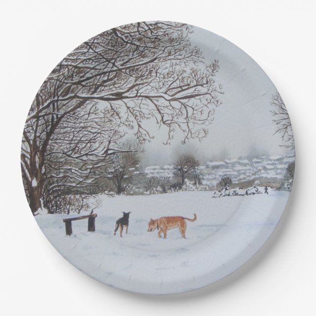 Winterschneelandschaft mit Baumhunden  Pappteller (Vorderseite)