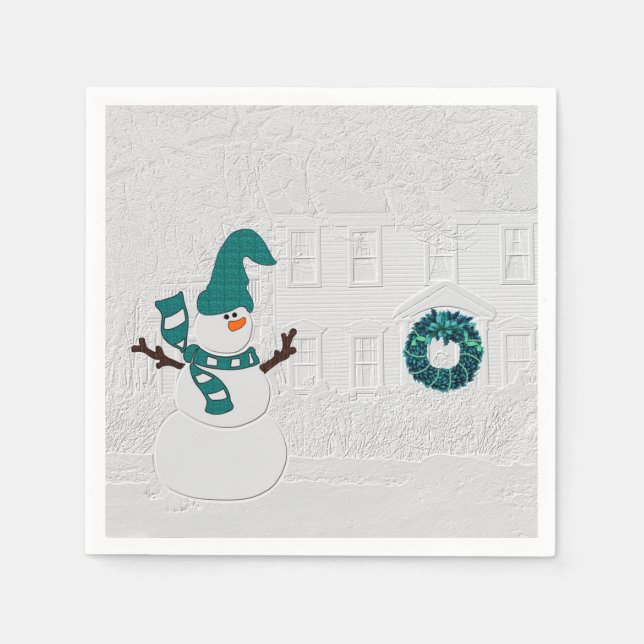 Winterschneemann und Hauskranz im Aquamarinen Urla Serviette (Vorderseite)