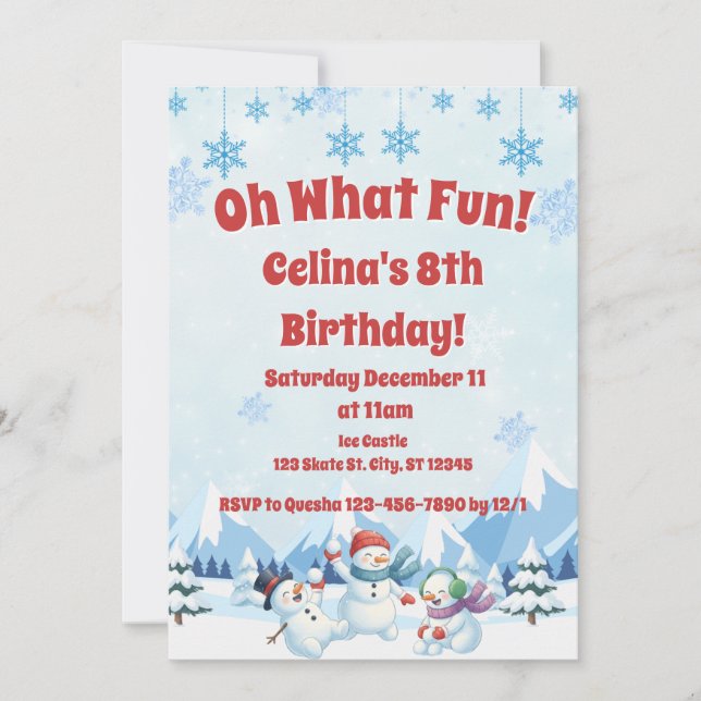 Winterschneemänner zum Geburtstag "Oh was Spaß" Einladung (Vorderseite)