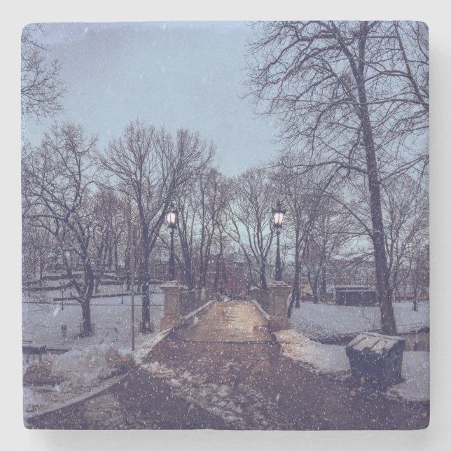 Winterschneepark im Abend Steinuntersetzer (Vorderseite)