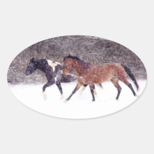 Winterschneepferde im Stall Ovaler Aufkleber