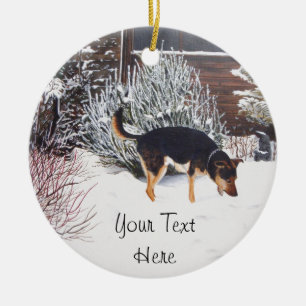 Winterschneeszene mit niedlichem schwarzem und tan keramik ornament
