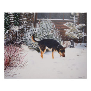 Winterschneeszene mit niedlichem schwarzem und tan poster