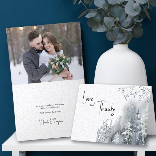 Winterschneewald Custom Foto Dankeskarte (Wedding photo thank you card from the Snow Forest wedding collection by Darling & May)