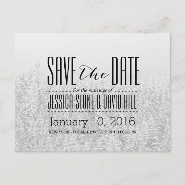 Winterschneewald Elegante Hochzeit Save the Date Ankündigungspostkarte (Vorderseite)