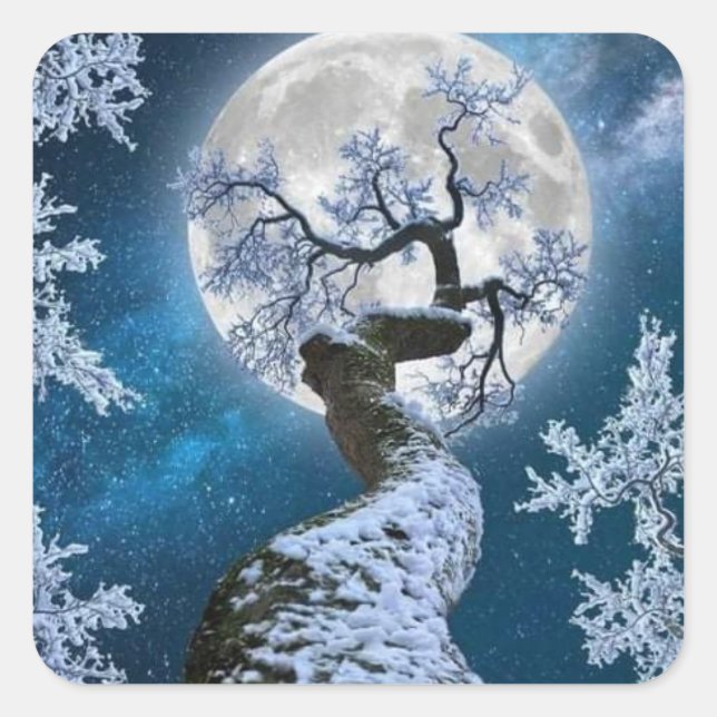 Winterschneewald Vollmond Quadratischer Aufkleber (Vorderseite)