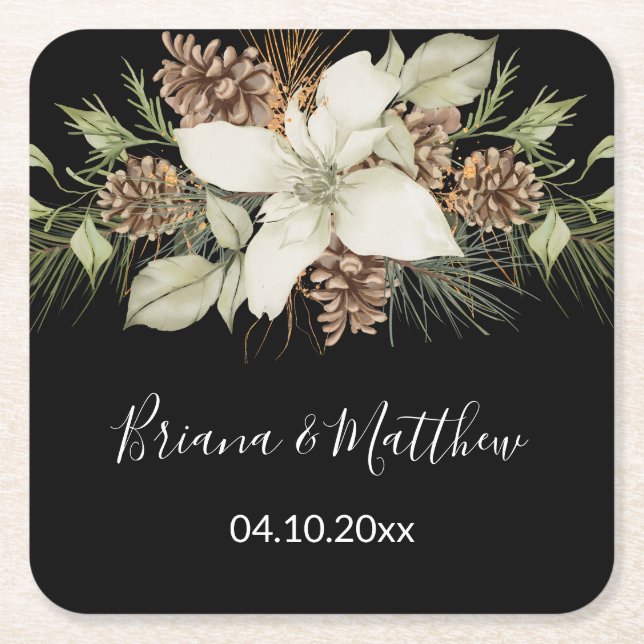 Winterschwarz und Weiß-Elegante Script-Hochzeit Rechteckiger Pappuntersetzer (Vorderseite)