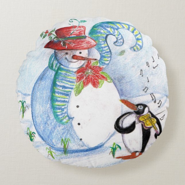 WINTERSERENADE VON SNOWMAN UND PENGUIN RUNDES KISSEN (Vorderseite)