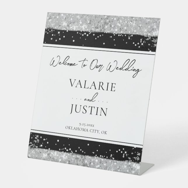 Wintersilber und Schwarzer Glitzer Hochzeitsempfan Sockelschild (Vorderseite)
