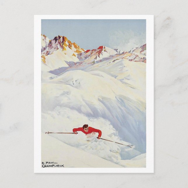 Winterski auf den Bergen, Vintage Reise Postkarte (Vorderseite)