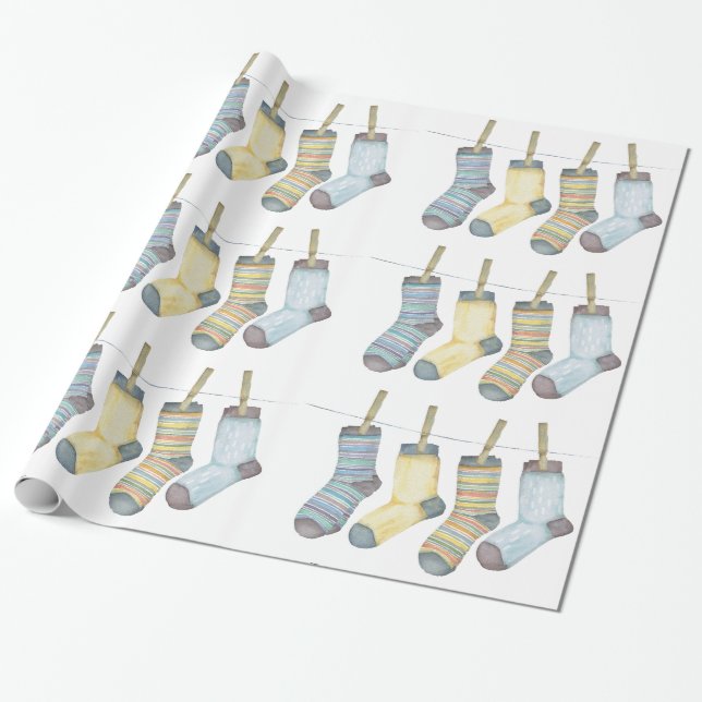 Wintersocken, die an der Linie hängen, Aquarell Geschenkpapier (Ungerollt)