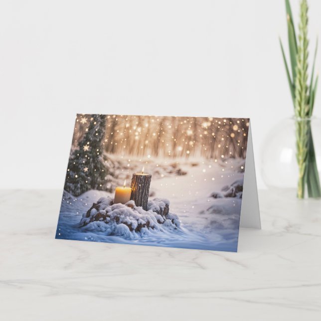 Wintersonne mit Schnee und Kerzen im Wald Karte (Vorderseite)