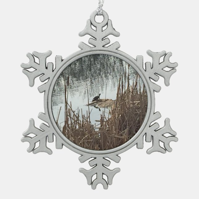 Wintersonne Schneeflocken Zinn-Ornament (Vorderseite)