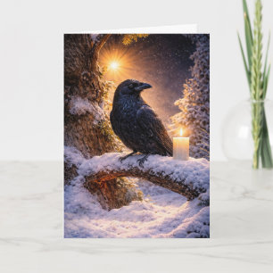 Wintersonnenwende mit Rabe Schnee und Kerze Karte