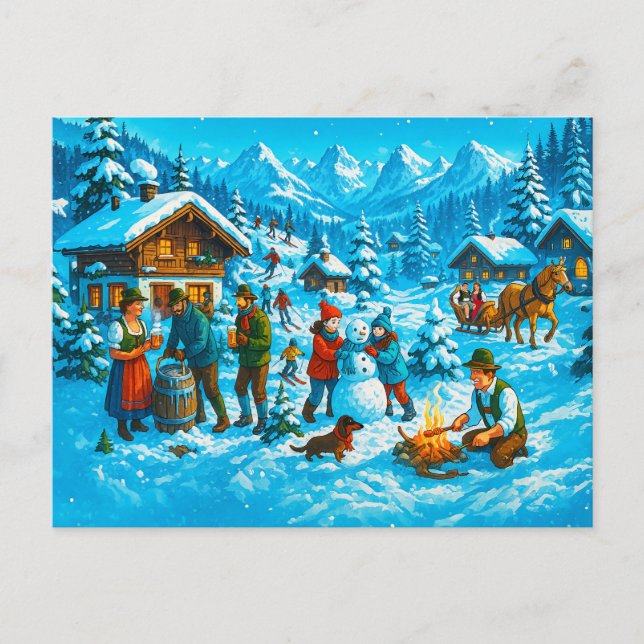 Winterspass im Alpendorf Feiertagspostkarte (Vorderseite)