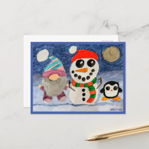 Winterspass mit Gnome, Snowman und Pinguin Postkarte
