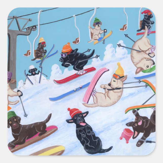 Winterspass Skifahren Labradors Malen Quadratischer Aufkleber (Vorderseite)