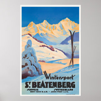 Wintersport in Beatenberg Schweiz Vintage Poster
