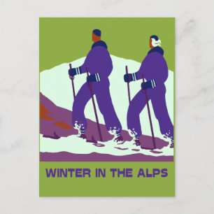 Wintersport in den Alpen Retro Pop Art Postkarte
