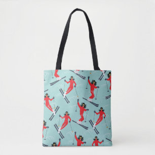 Wintersport nahtlos Muster. Junge schöne Frau Tasche