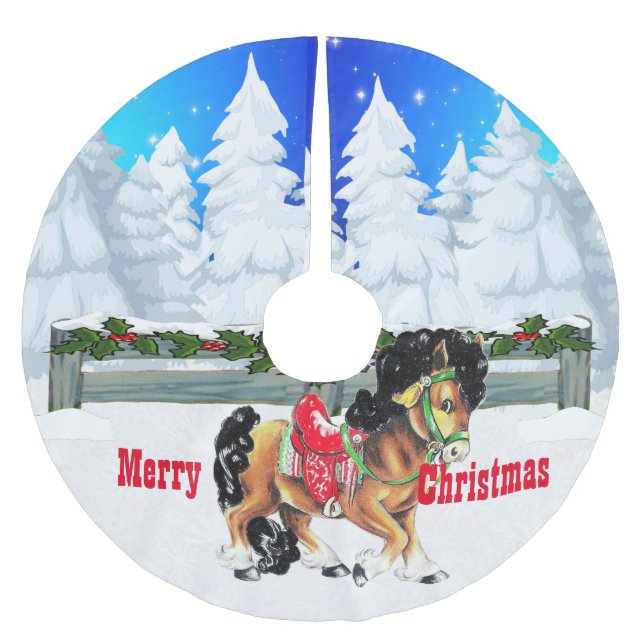 Wintersport Pferd und Zaun Frohe Weihnachten Polyester Weihnachtsbaumdecke (Vorderseite)