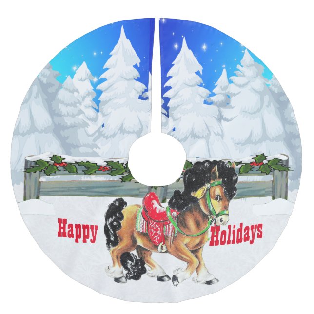 Wintersport Pferd und Zaun glückliche Ferien Polyester Weihnachtsbaumdecke (Vorderseite)
