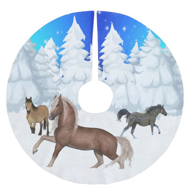 Wintersport Pferde und Schneebäume Weihnachten Polyester Weihnachtsbaumdecke (Vorderseite)