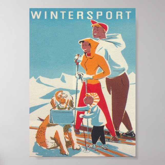 Wintersport-Skifamilie und Hund Retro Vintag Poster (Vorne)